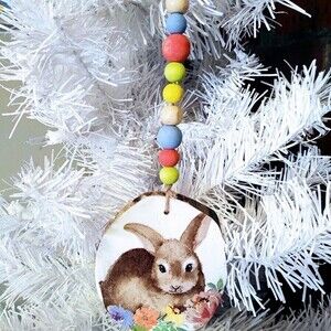 Handmade Spring Easter Bunny Rabbit Beaded Wood Ornament Tiered Tray Tree Decor